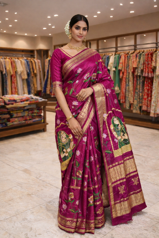 Hand-Painted Gajji Silk Saree with Kishangarh (Bani Thani) Art