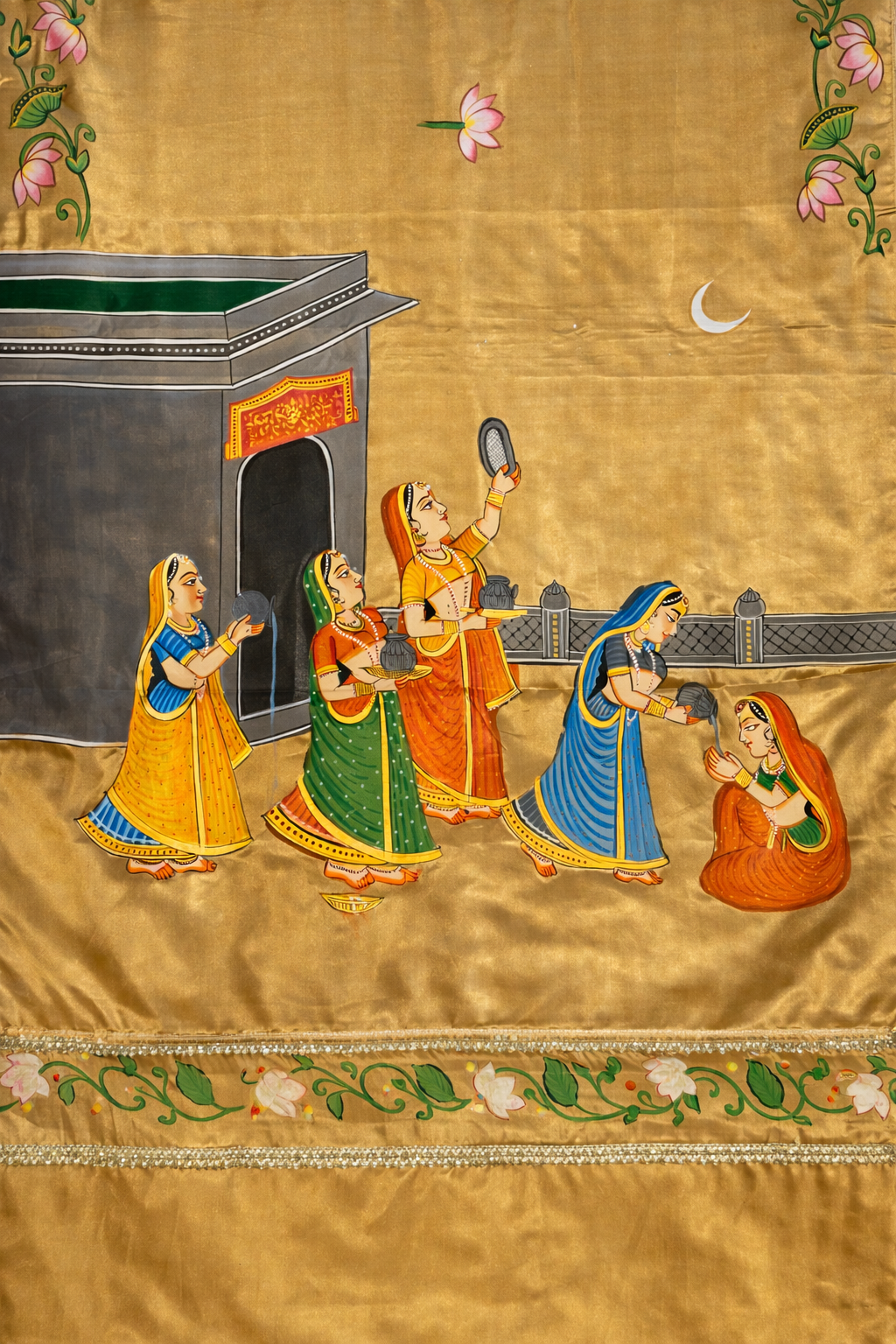 Hand-Painted Satin Saree Inspired by Kishangarh Art & Karwa Chauth