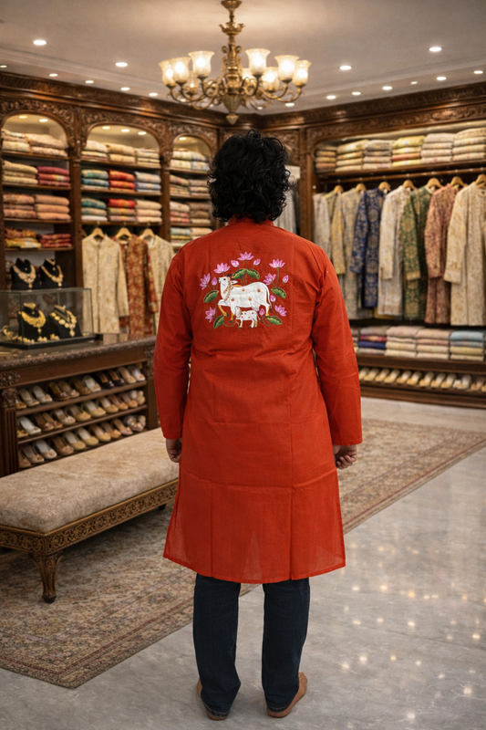 HAND-PAINTED RED KURTA PAYJAMA SET