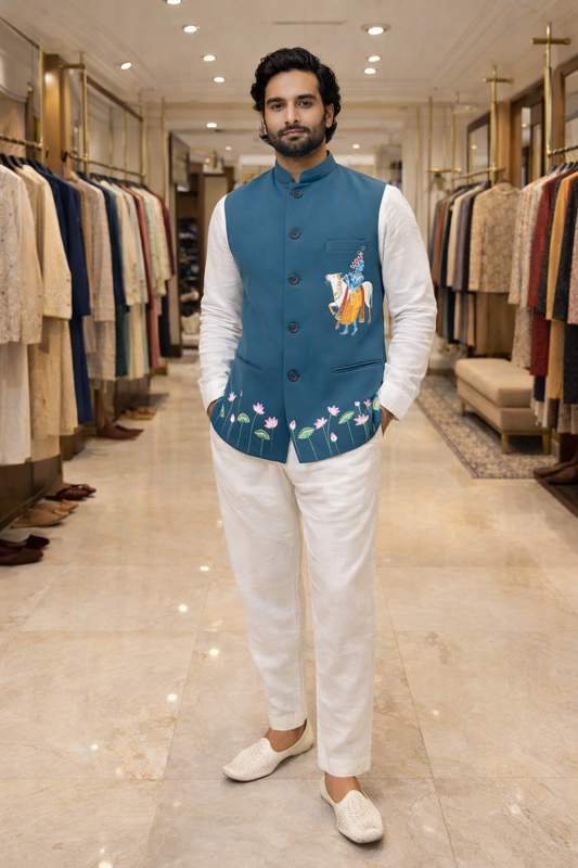 Hand-Painted Krishna Nehru Jacket – Kishangarh Pichwai Art