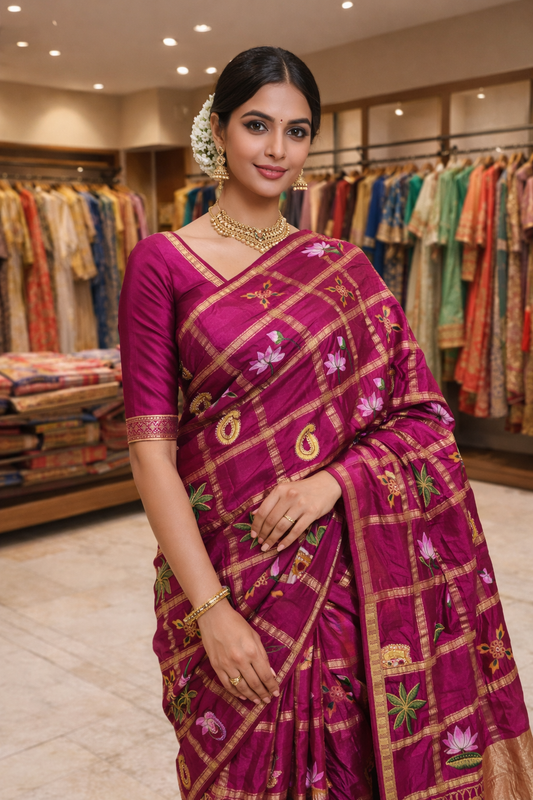 Hand-Painted Gajji Silk Saree with Kishangarh (Bani Thani) Art