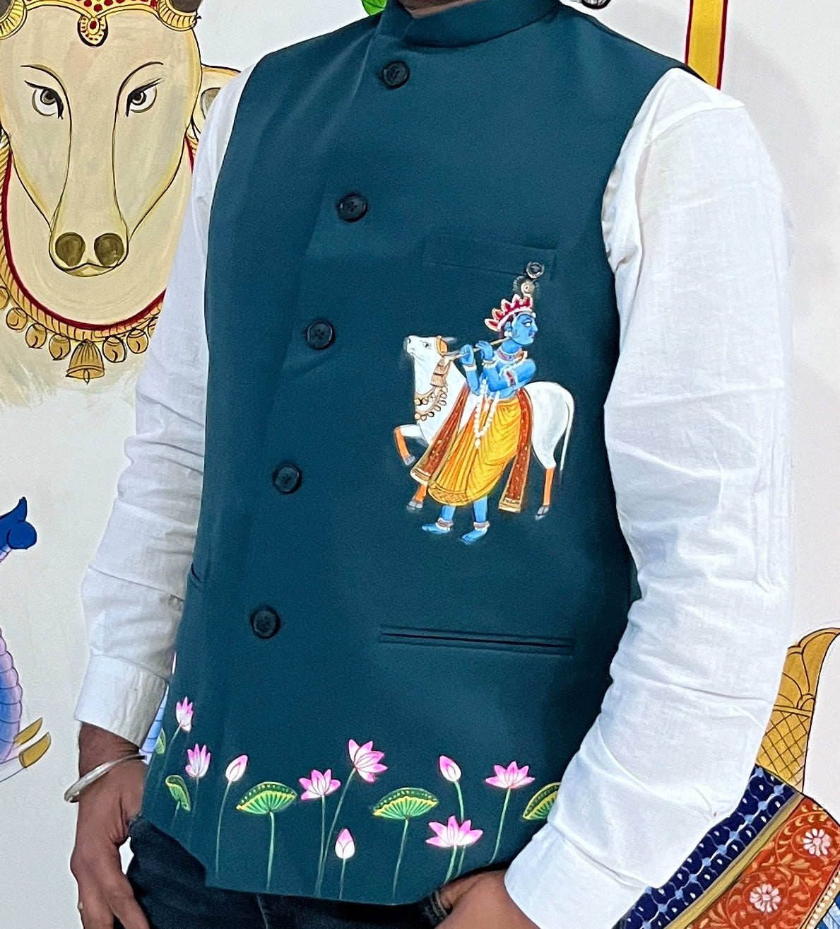 Hand-Painted Krishna Nehru Jacket – Kishangarh Pichwai Art