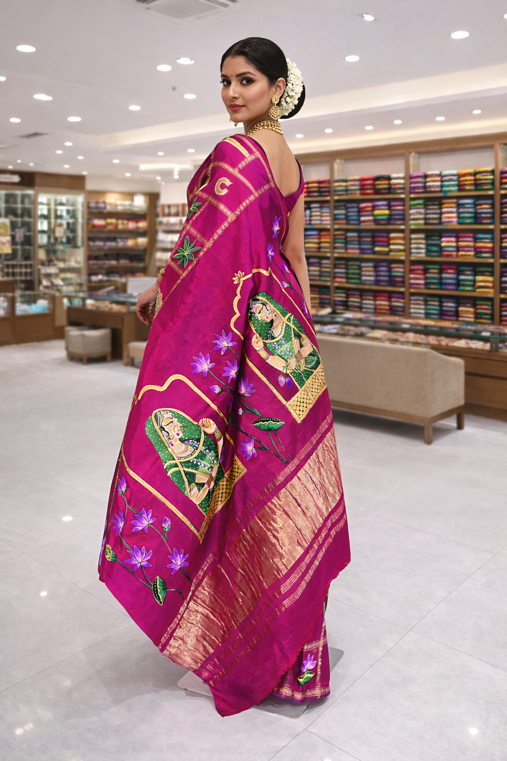 Hand-Painted Gajji Silk Saree with Kishangarh (Bani Thani) Art