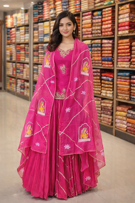 Hand-Painted Kishangarh Art Lehenga Set – Gajji Silk