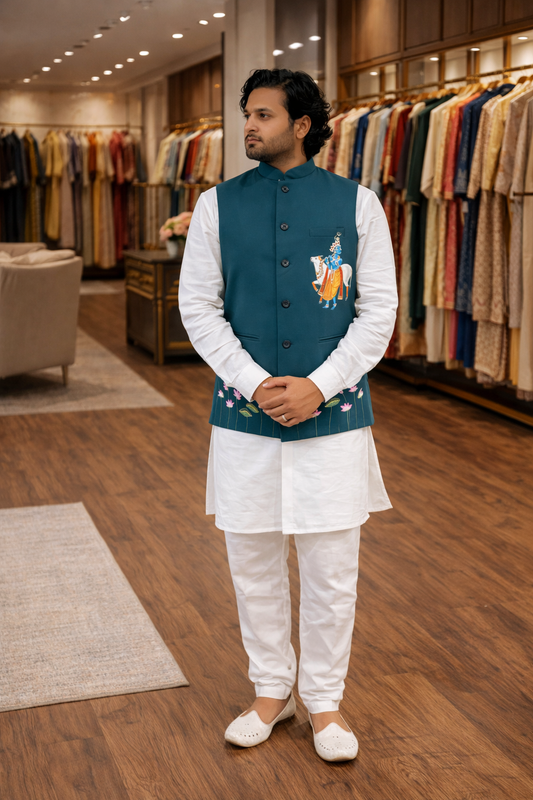 Hand-Painted Krishna Nehru Jacket – Kishangarh Pichwai Art