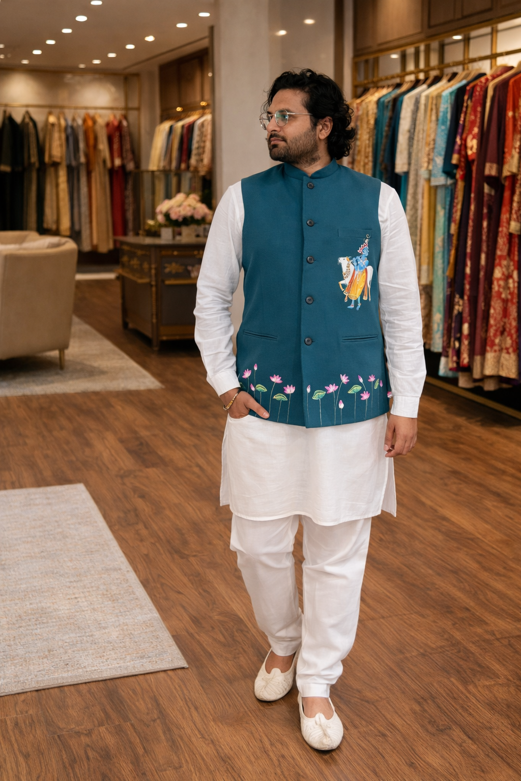 Hand-Painted Krishna Nehru Jacket – Kishangarh Pichwai Art