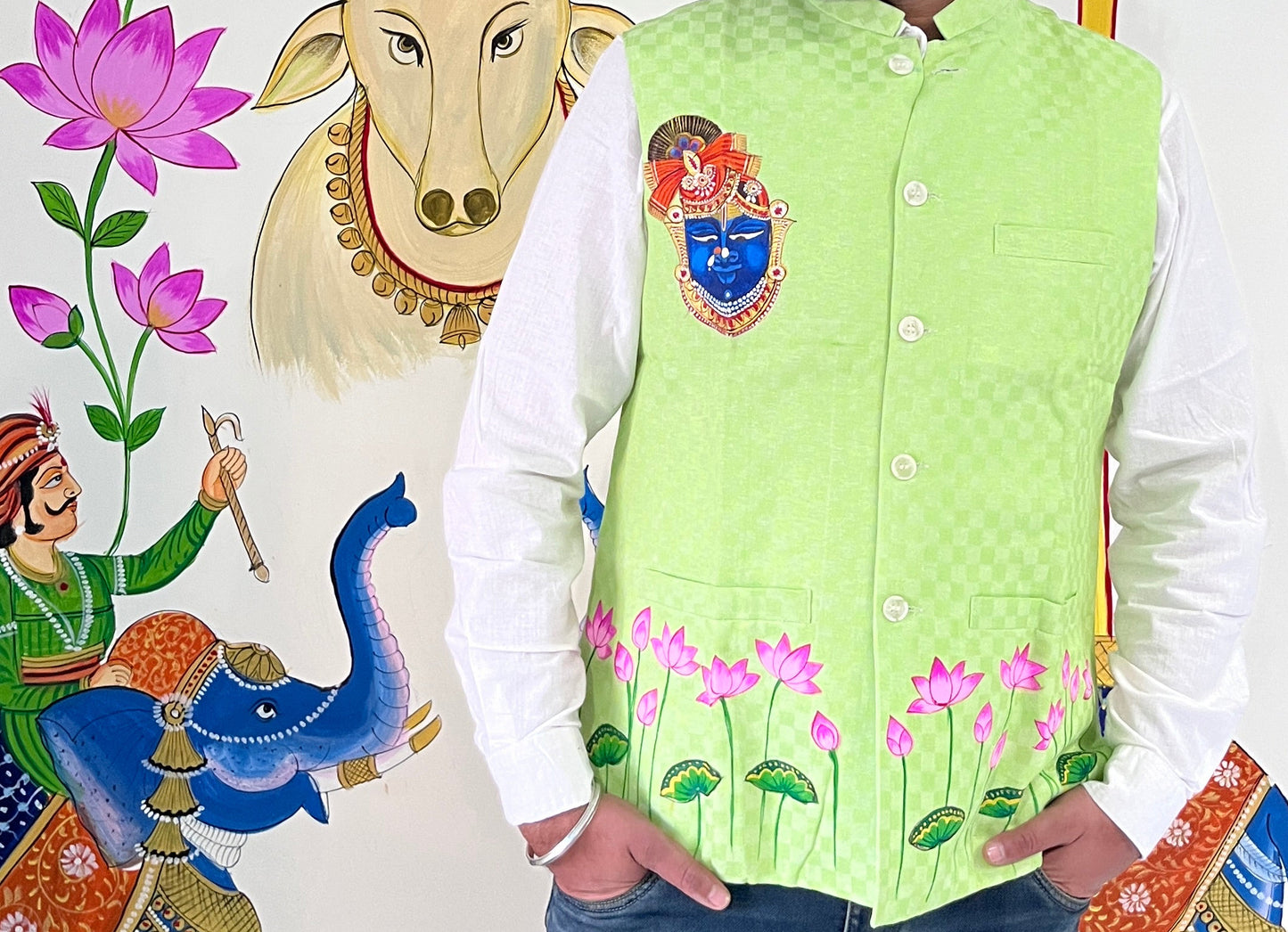Hand-Painted Shrinath Ji Nehru Jacket | Kishangarh Pichwai Art