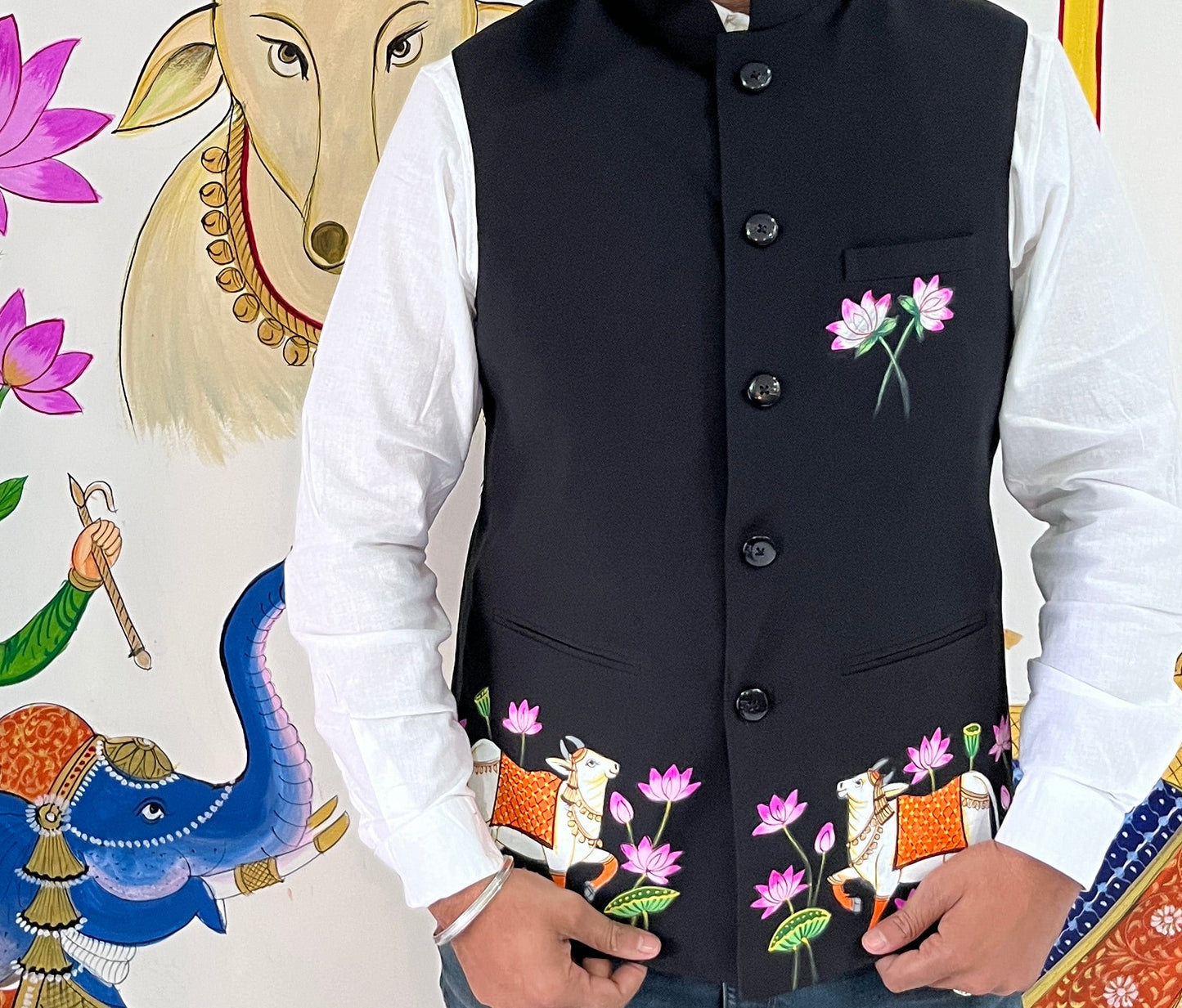 Hand-Painted Shrinath Ji Nehru Jacket | Kishangarh Pichwai Art