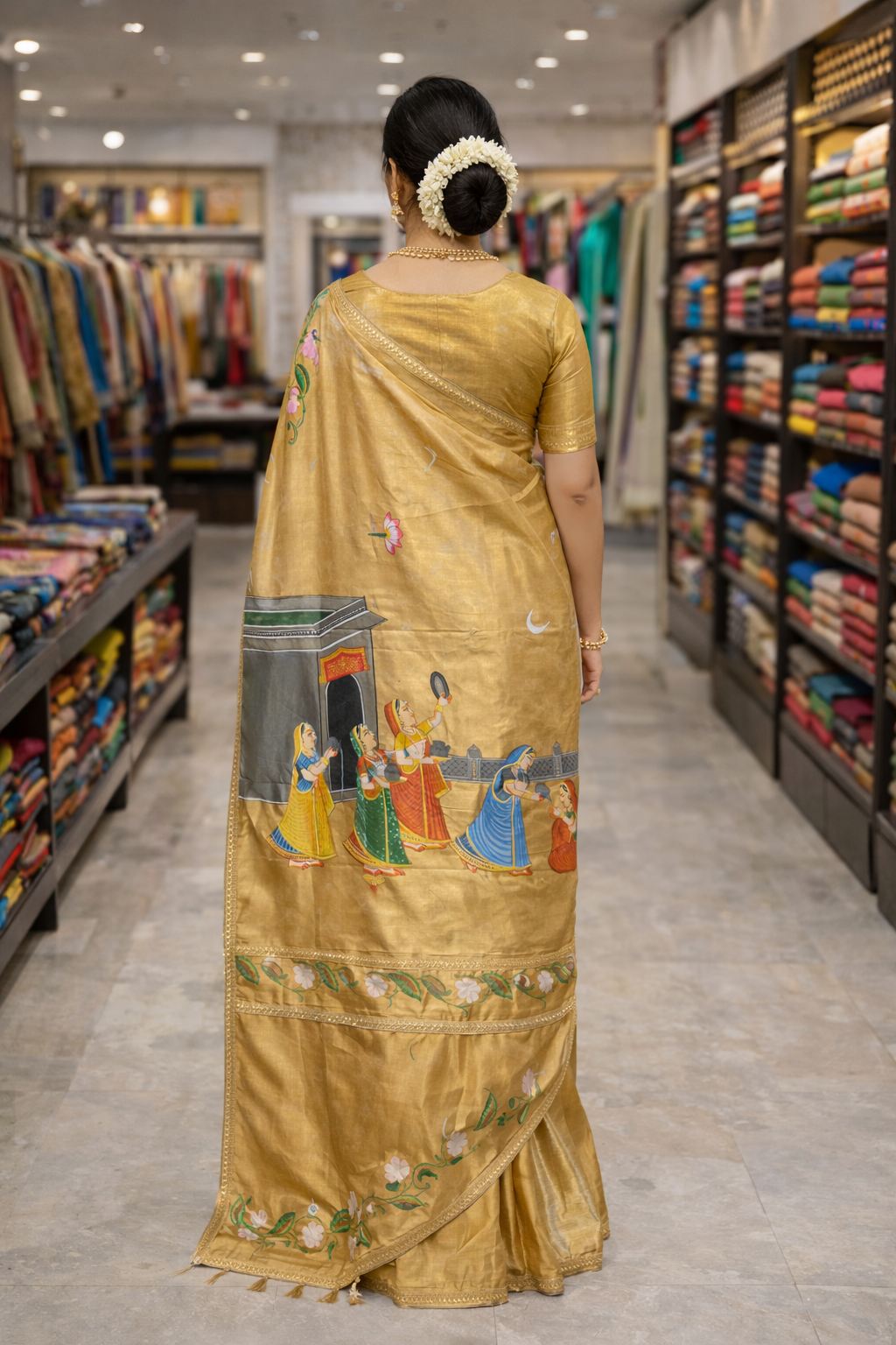 Hand-Painted Satin Saree Inspired by Kishangarh Art & Karwa Chauth