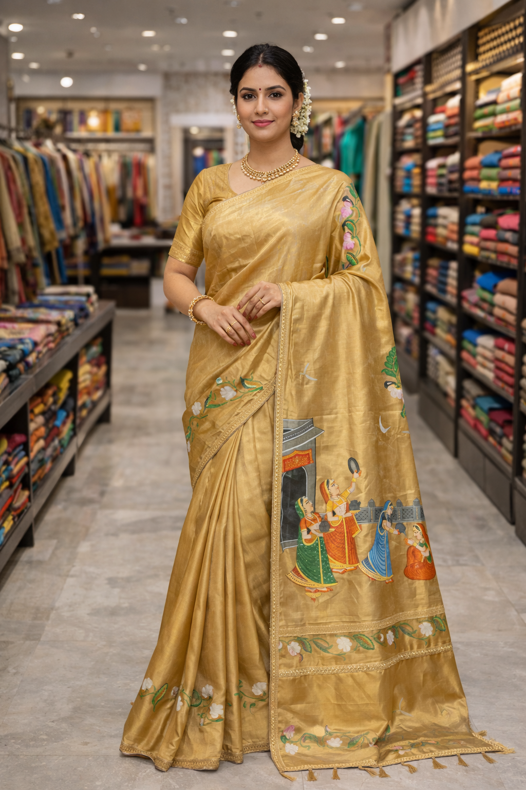 Hand-Painted Satin Saree Inspired by Kishangarh Art & Karwa Chauth