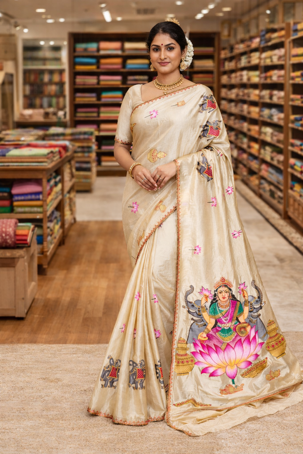 Diwali Laxmi Poojan Hand-Painted Satin Saree