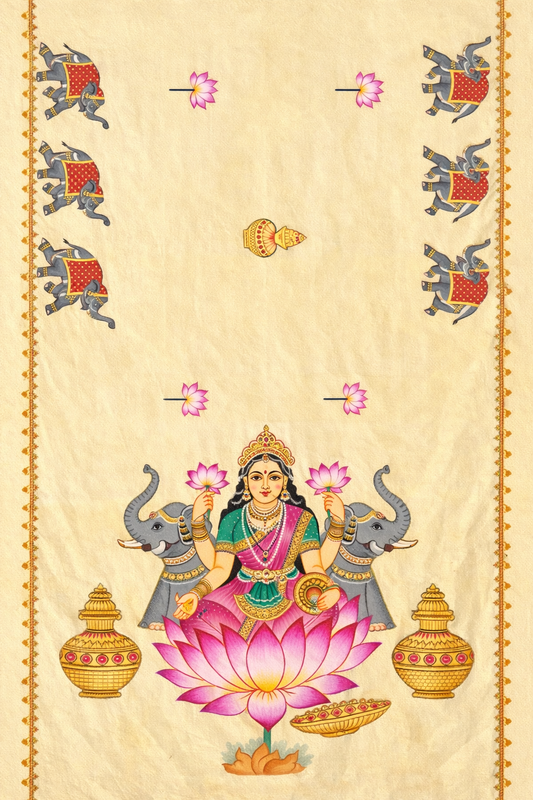 Diwali Laxmi Poojan Hand-Painted Satin Saree