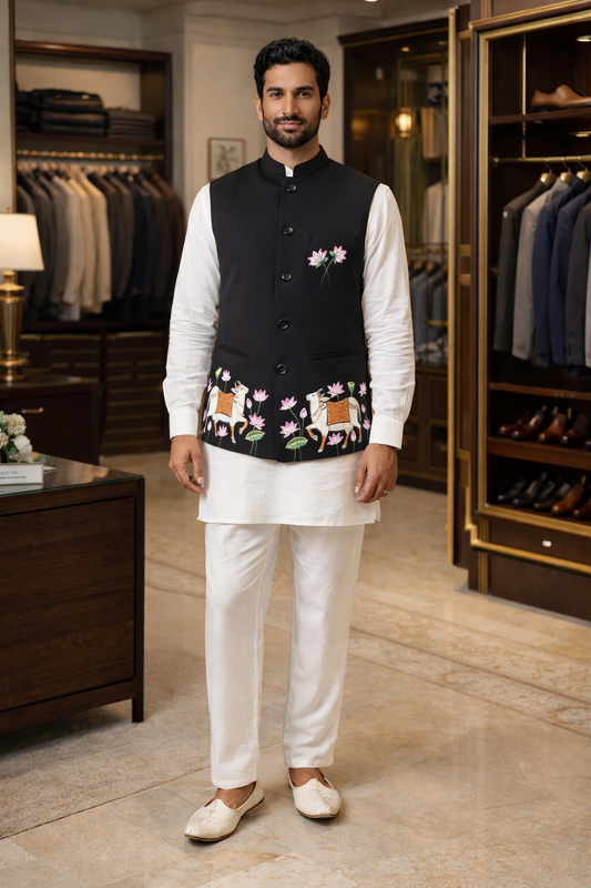 Hand-Painted Shrinath Ji Nehru Jacket | Kishangarh Pichwai Art