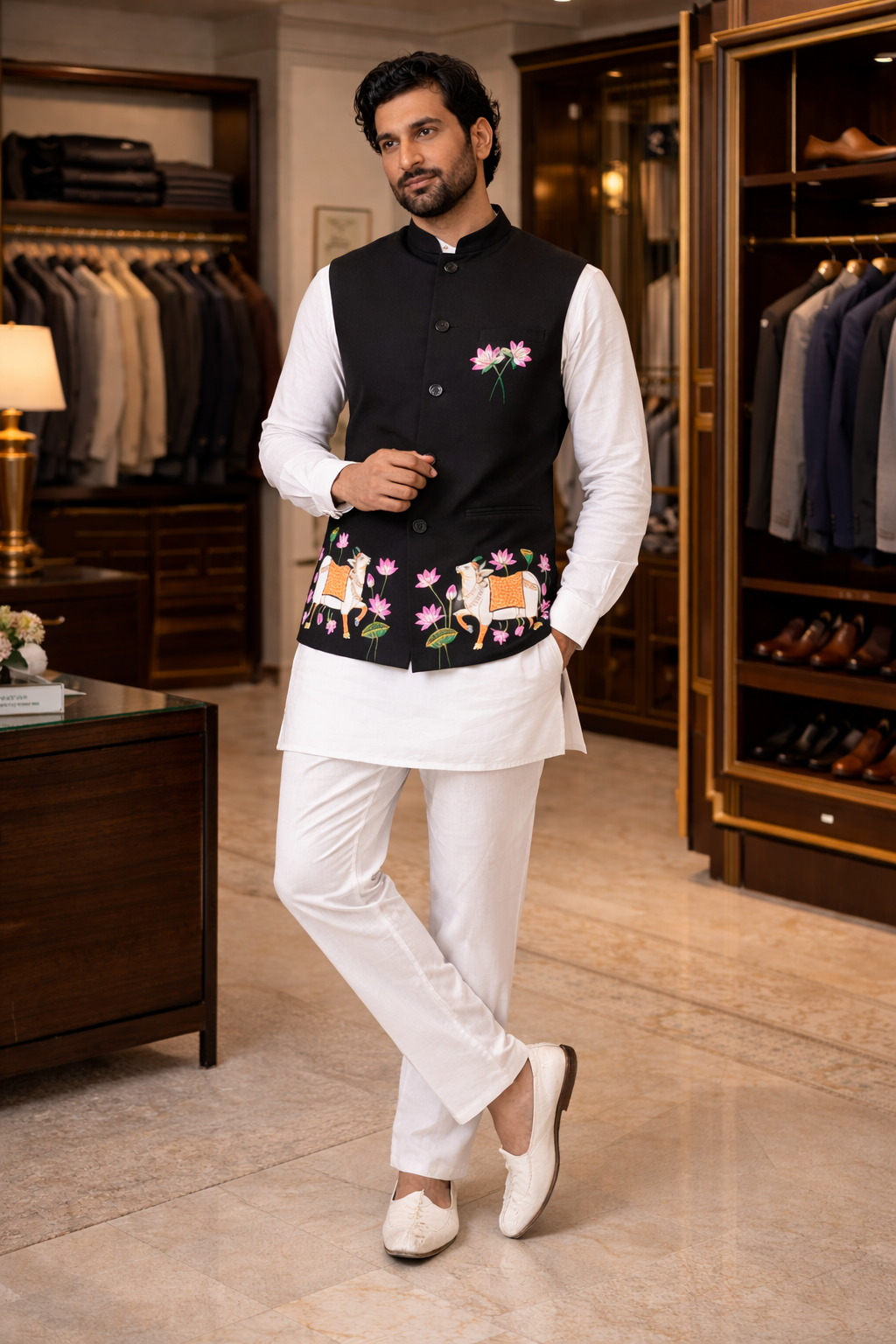 Hand-Painted Shrinath Ji Nehru Jacket | Kishangarh Pichwai Art