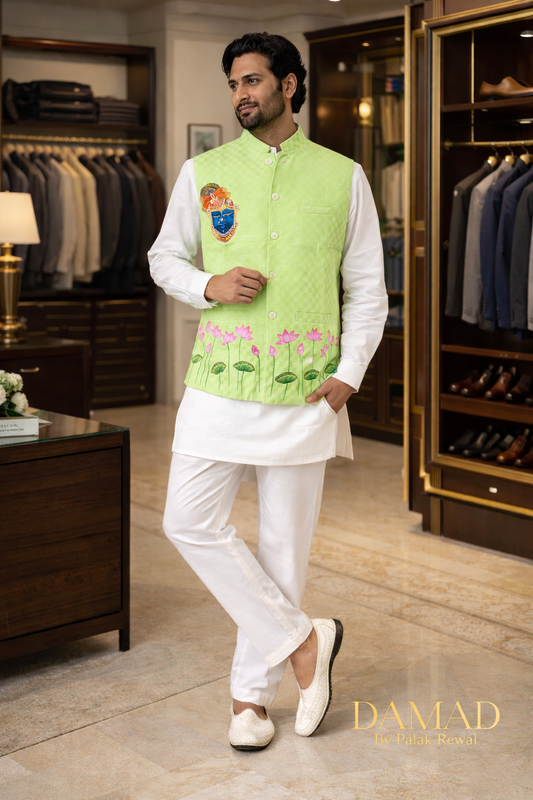 Hand-Painted Shrinath Ji Nehru Jacket | Kishangarh Pichwai Art