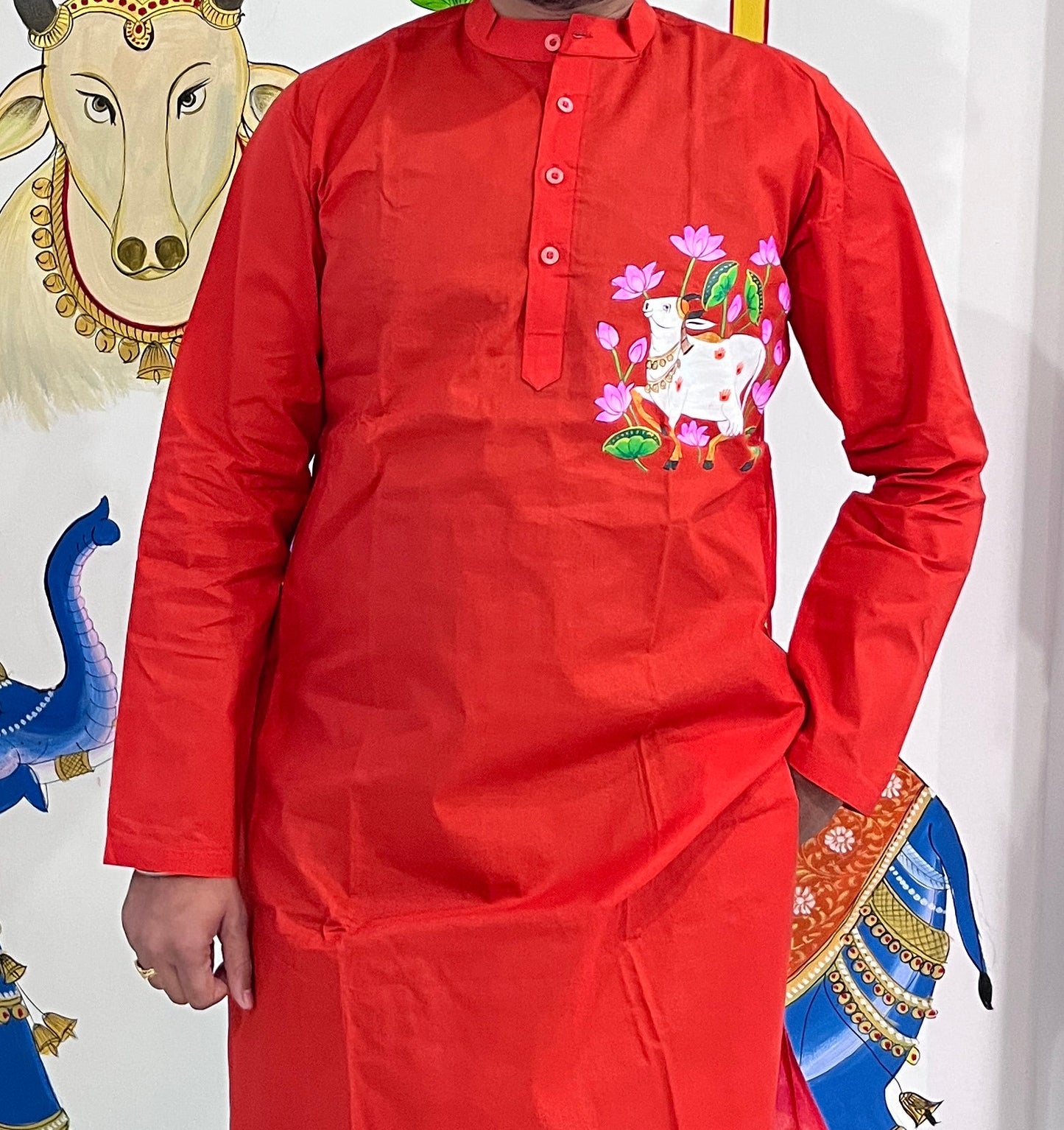 HAND-PAINTED RED KURTA PAYJAMA SET
