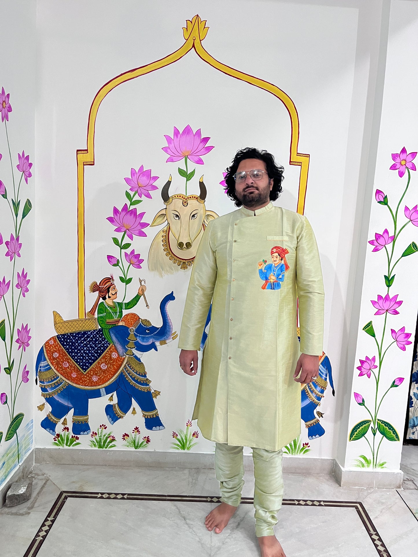 Men's Long Side Button Handprinted Work Kurta Pajama