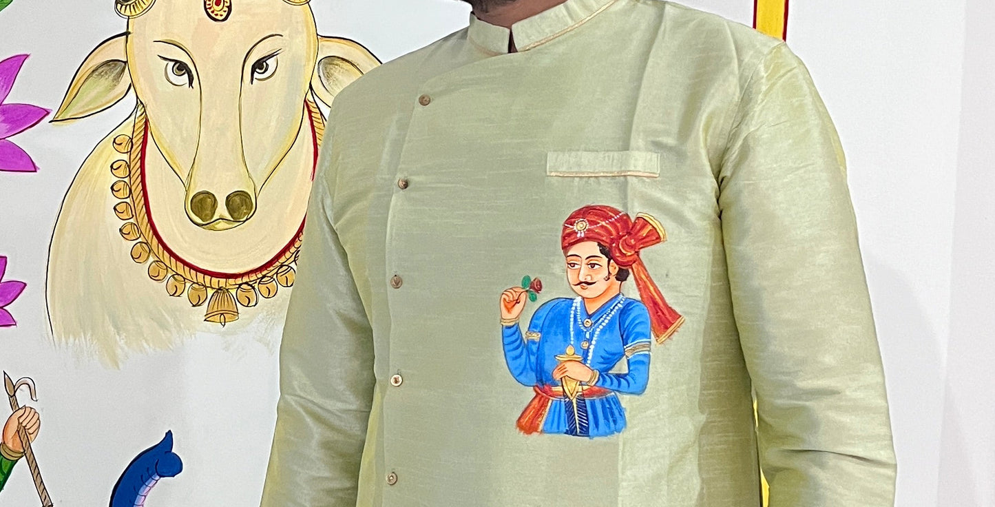 Men's Long Side Button Handprinted Work Kurta Pajama