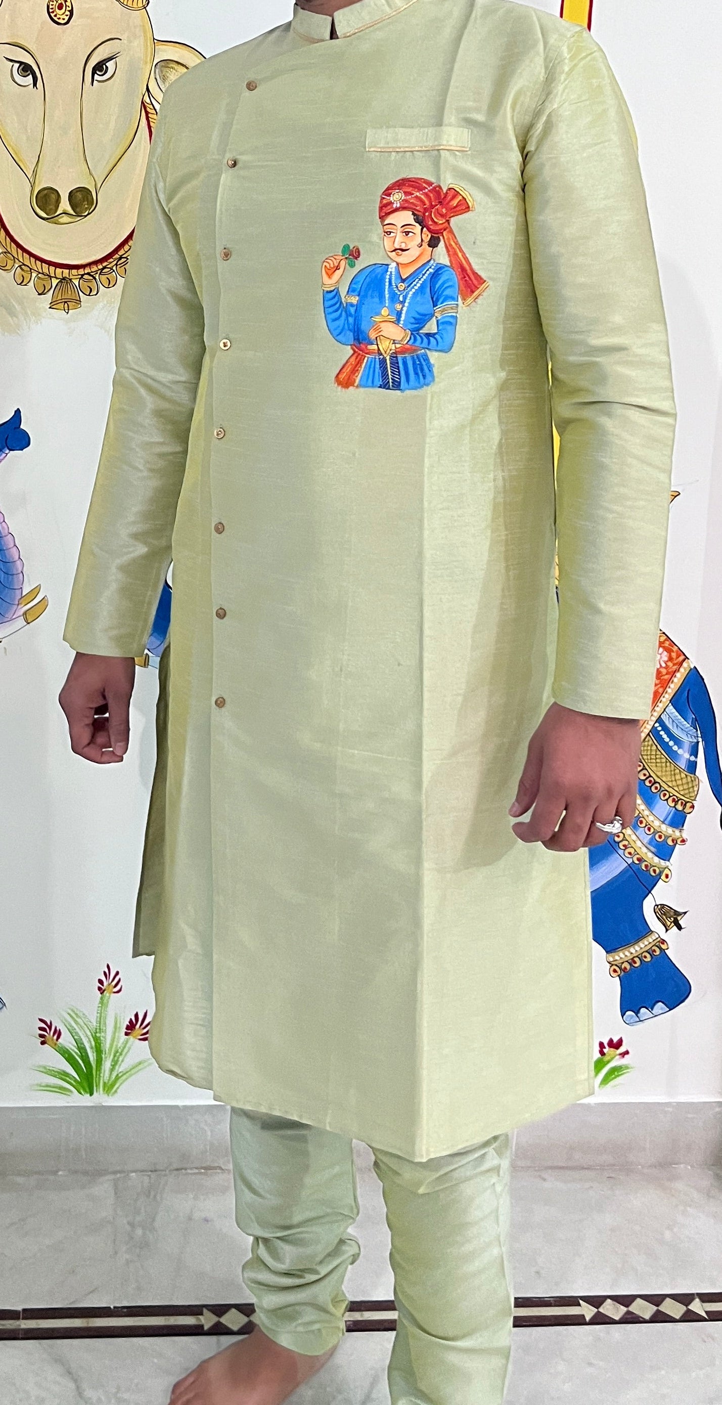 Men's Long Side Button Handprinted Work Kurta Pajama