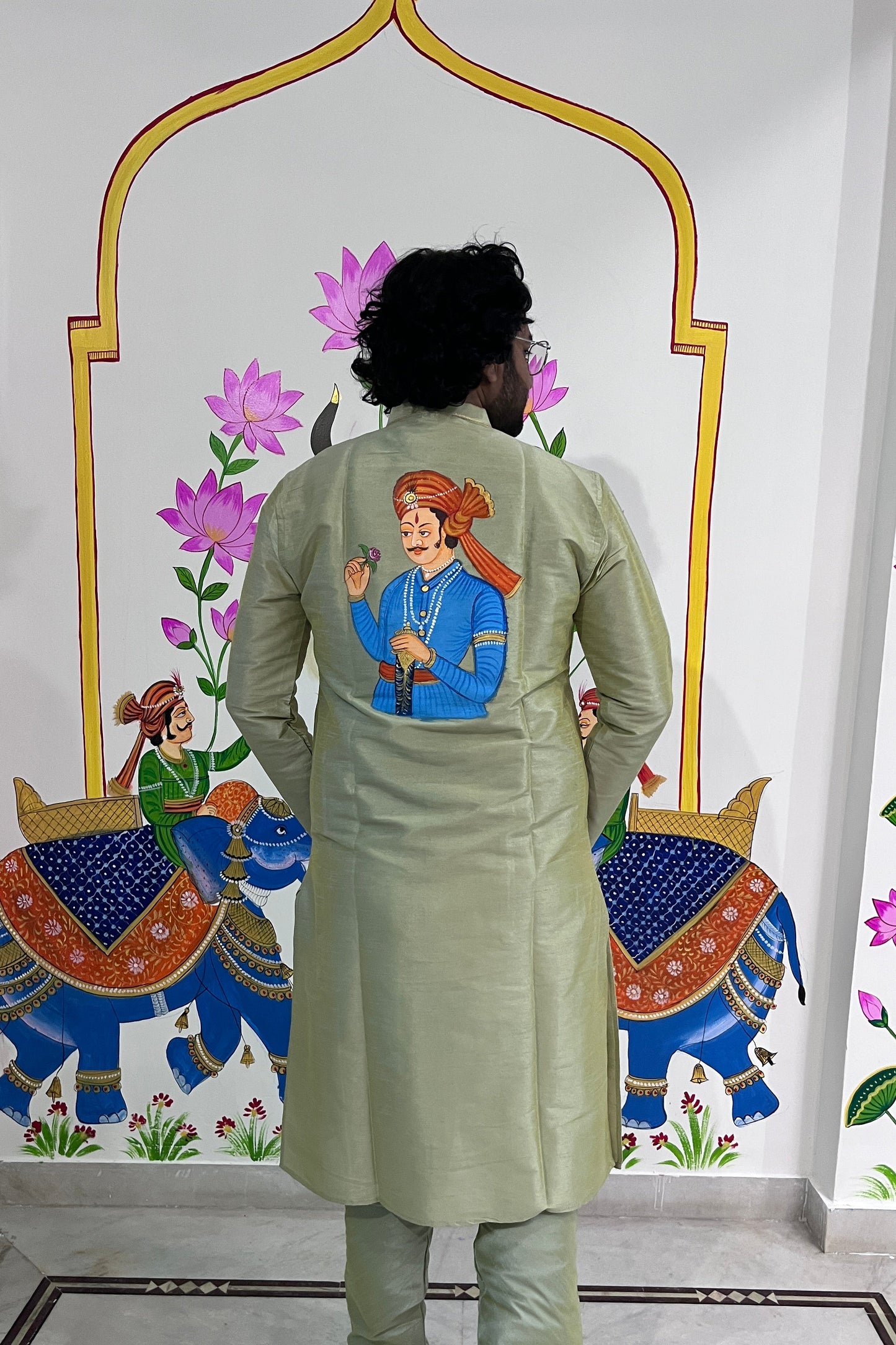 Men's Long Side Button Handprinted Work Kurta Pajama