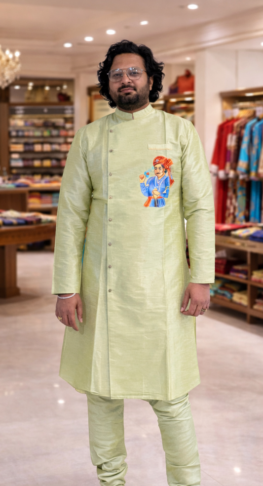 Men's Long Side Button Handprinted Work Kurta Pajama