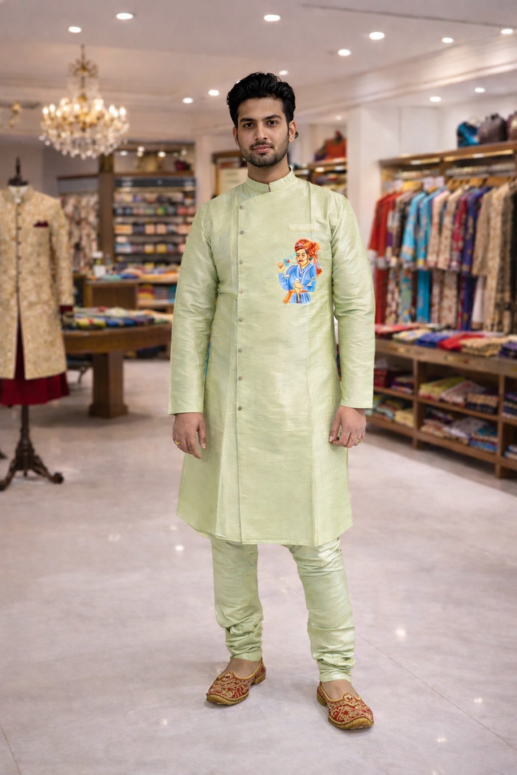 Men's Long Side Button Handprinted Work Kurta Pajama