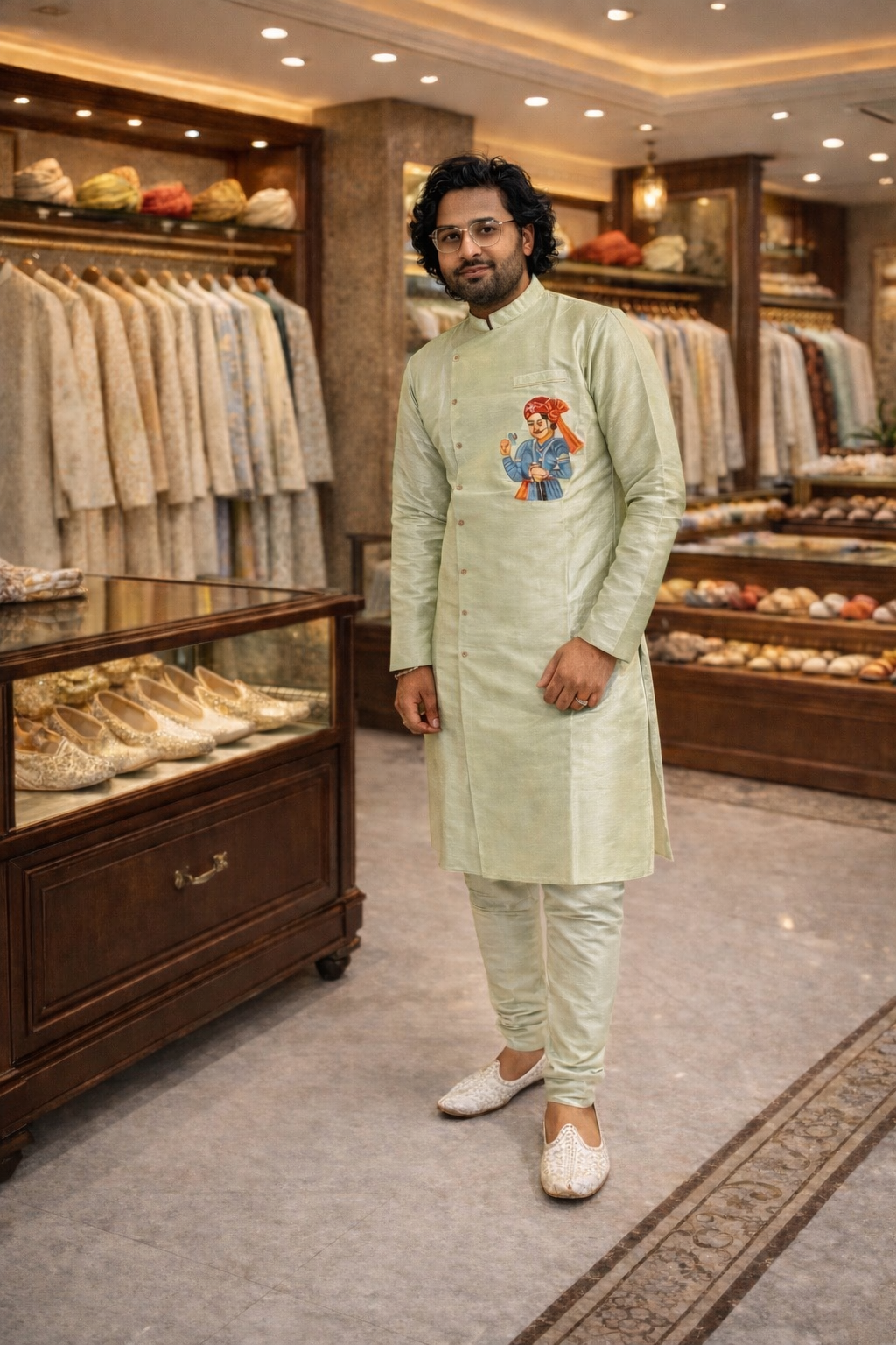 Men's Long Side Button Handprinted Work Kurta Pajama