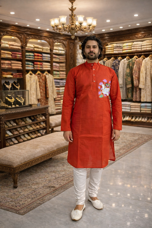 HAND-PAINTED RED KURTA PAYJAMA SET